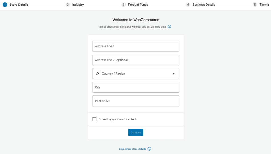 WooCommerce setup wizard